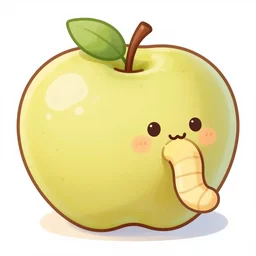 a cute worm sticks it's head out of a ( golden delicious ) apple, digital art