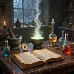 cluttered, table, spell book, wizards laboratory, tony sart, window, mortar, pestle, glowing powder, compass, alembic, streams of flowing light, beakers of colored liquid, greg rutkowski