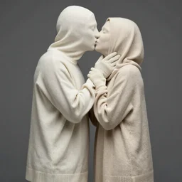 men and women kissing dressed in full clothing. Completely covered in clothing.