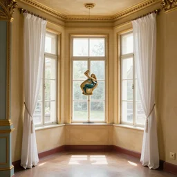 colour 3 5 mm, empty small interior, open floor, big windows, long white curtains, beautiful art sculpture, gold frames, stucco,