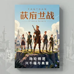 Fantasy novel cover art group of adventurers standing on cliff overlooking castle city, digital art