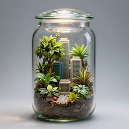 glass jar terrarium with a city inside of it, highly detailed, lots of plants and trees, ambient lighting