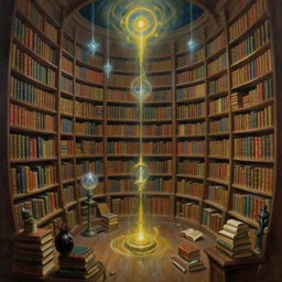 The mystical library of infinity books, cursed, spells, oil on canvas, detailed painting, hyper-realistic, Goro Fujita