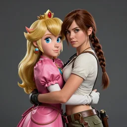 princess peach and lara croft embraced, wide shot, realistic, hyperrealistic, highly detailed, very detailed, 8k resolution, real life, HD quality, dramatic, studio quality lighting