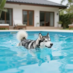 husky swimming on the pool of the house