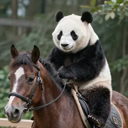 a panda is riding a horse