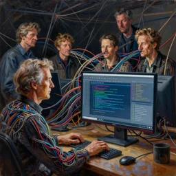 photo of a programmer composed of wires, web of wires, at the monitor, mid shot, norman rockwell, tim hildebrandt, viktor safonkin, dariusz zawadzki, bruce pennington, larry elmore, intricate details, hyperrealistic oil painting on canvas, deep depth field