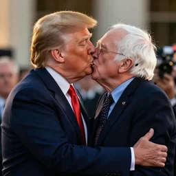 a beautiful award winning photo of Donald Trump kissing Bernie Sanders, golden hour, very detailed and sharp, 4k cinematic