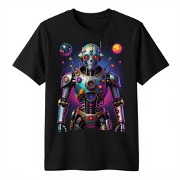 mockup of a black tshirt with a hyperdetailed portrait of a steampunk robot on lsd, 8 k, symetrical, flourescent colors, trippy mood, multicolored,
