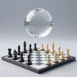 transparent sphere above a chessboard, retro low polygon 3D graphics from 1990