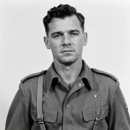 Rick Astley as a soldier during WW2, grainy monocolour photo