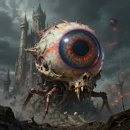 extremely hyperdetailed insectile eyeball alien skull castle in the chaos realm, by greg rutkowski, rodney matthews and artstation, epic atmosphere, grim, photorealism, complex color scheme, uhd