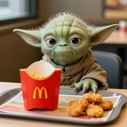 yoda, upset, yoda sitting behind a table inside mcdonald's, small red cardboard box on table, yellow m logo on box, chicken mcnugget on tray 3 5 mm, f / 2. 8