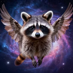portrait from a raccoon, feathers, bird, avian, wings, synthwave, universe background, nebula, galaxy, artstation
