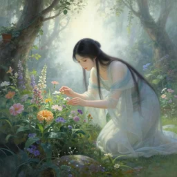 ancient fantasy garden, beautiful woman caring for the flowers, fantasy world, ethereal back light, mist, coherent composition, detailed fantasy painting, noriyoshi ohrai, yuumei, ( ( mark brooks ) )