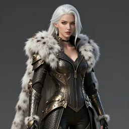 dragon hunter wearing a fur - lined dragonhide jacket!!! beautiful and gorgeous elegant white haired female!! symmetry, character concept art, sharp focus, illustration, art by artgerm!! greg rutkowski magali villeneuve wlop!! ilya kuvshinov!! charlie bowater! octane render, unreal engine 5! highly rendered!!