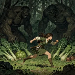 An illustration, of a Girl warrior in a dark forest chassing by geants vegetables. By James Jean, By Gustave Doré. Trending on artstation
