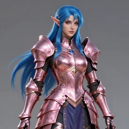 a beautiful and highly detailed digital illustration of a female elven paladin with blue hair in rose gold armor, a digital painting by magali villeneuve and karol bak, cgsociety, fantasy art, cryengine, concept art, photorealism, daz 3 d, sketchfab, zbrush, vray