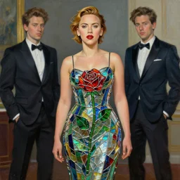 scarlett johansson wearing a dress made from stained glass in the design of a rose. painting by artgerm and greg rutkowski and ilya kuvshinov