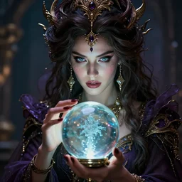 enchanting femenine witch gazing into a crystyal ball she is holding, hyper attractive, seductive, very complex, hyper - maximalist, overdetailed, legendary cinematic, archetype with timeless beauty breathtaking eyes, highly intricate, realism, perspicious detail, photorealistic, lifelike, dslr 8 k, unbeatable coherency, octane render