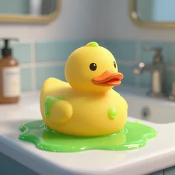 rubber duck made of green slime melting on a bathroom, octane render, unreal engine, excellent composition, trending on artstation, million of likes