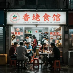 A rainy night outside a Singaporean hawker centre, award-winning photography, cinematic lighting