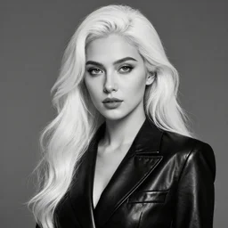 black and white - portrait of a woman wearing shiny black leather suit, english face, refined features, moon goddess, long snow - white hair by jean gerome, edward hopper and james jean, hyper detail, 8 k, high resolution, ultra detailed