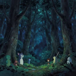 a beautiful spiritual night forest concept art, with creatures hiding behind the trees by masanori warugai and kentaro miura