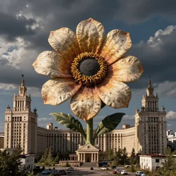 giant grotesque flower in the middle of abandoned post soviet constructivist cityscape, Stalinist architecture, ultradetailed by Josan Gonzalez and Makoto Shinkai and Giuseppe Arcimboldo and Wes Anderson