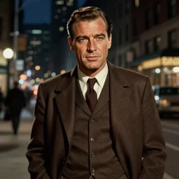 a picture of a man with the face of humphrey bogart, wearing a 1 9 4 0's noire detective outfit, standing in the streets of chicago at night, 4 k octane render highly realistic digital painting