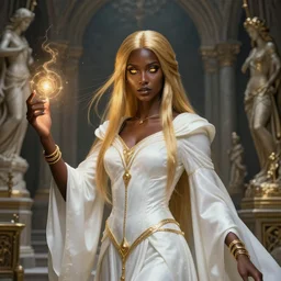 Full portrait of a young Necromancer Lady, pearl white robes with golden details, alluring, detailed face, dark brown skin, supernatural golden eyes, golden straight hair, bracelets, floating, spellcasting, statues and an altar filling the background, SINGLE CHARACTER!, highly detailed, high fantasy, dnd, d&d, dungeons and dragons, smooth, sharp focus, no extra characters, realistic, digital illustration, by Krenz Cushart and Artem Demura and alphonse mucha, artstation, HD, 4K, midjourney