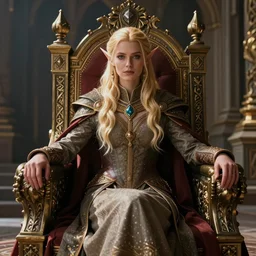 the elder scrolls vi, charismatic regal blonde high elf female jarl, portrait, exquisitely designed throne room, atmospheric lighting, painted, intricate, volumetric lighting, beautiful, daytime, sunny weather, slight overcast, sharp focus, deep colours, ultra detailed, by leesha hannigan, ross tran, thierry doizon, kai carpenter, ignacio fernandez rios