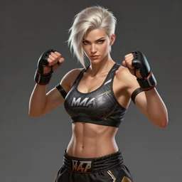 a highly detailed illustration of short platinum blonde haired flat chested woman wearing mma bra, heroic muay thai stance pose, muscular, intricate, elegant, highly detailed, centered, digital painting, artstation, concept art, smooth, sharp focus, league of legends concept art, WLOP