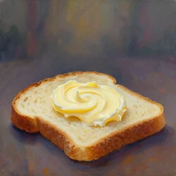swirl of butter on a fresh slice of bread. gouache fairytale art, russian romanticism, muted palette, psychedelic art, backlighting, depth of field