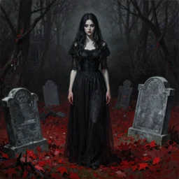 a painting of a woman standing in a graveyard, an ultrafine detailed painting by seb mckinnon, featured on cgsociety, gothic art, darksynth, dark and mysterious, ominous vibe, red leaves on the ground