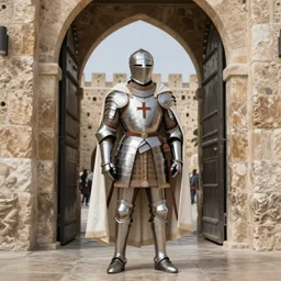 man in decorated 15 century crusader armor, helmet and white cape with cross on it standing at the gates of jerusalem drawn by greg rutkowski realistic high detail
