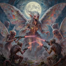 concept art of giant mutant fairy attack, lovecraftian, lots of teeth, melting horror, fluffy feathers, round moon, rich clouds, fighting the horrors of the unknown with laser guns, high resolution, very detailed, colorful, roaring, volumetric light, mist, grim, fine art, decaying, textured oil over canvas, epic fantasy art, very colorful, ornate