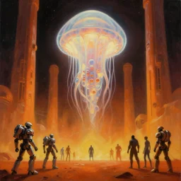 dramatic perspective fury road in space a minimalist bioluminescent oil painting by donato giancola, chris foss, warm coloured, cinematic scifi with giant bright translucent cephalopod cyborg jellyfish with microscopy, gigantic pillars, maschinen krieger, beeple, the matrix, star wars, ilm, star citizen, mass effect, artstation, atmospheric perspective