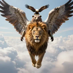 full body portrait angelic warrior hovering above the clouds with the head of a lion, head of a bear, head of an eagle and wings, detailed render, 8 k, artstation, digital art