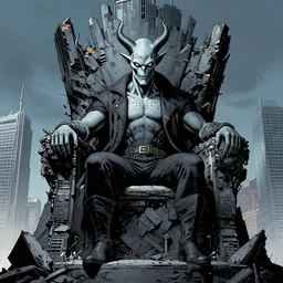 A portrait of a Titanic Void Devil sitting on a throne made of ruined skyscrapers. DC Comics. Multiversity. 8K Resolution. Comic Illustration. HD. 16k resolution HD HDR