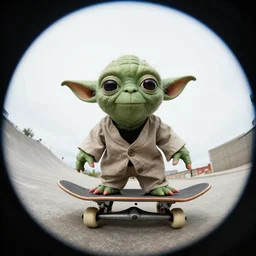 Yoda skateboarding towards the camera, photograph, fisheye lens