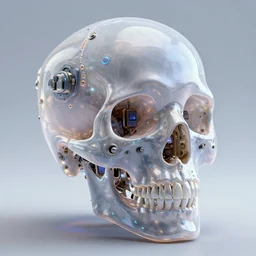 3D render of a STEAMpunk cyborg with translucent skull filled with a fractal of liquid mercury switches, neon eyeballs, titanium skeleton, anatomical, latex flesh and facial muscles, neon wires, microchips, electronics, veins, arteries, glowing, highly detailed, octane render, global lighting by H.R. Giger and Jeffrey Smith, 8K HDR