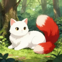white cat with fluffy red tail like fox lying at sunny forest, high detailed, anime illustration, fantasy, uhd, ray tracing