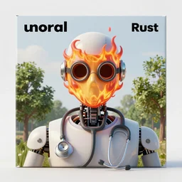 An album cover, fire, mask, stethoscope, 3d render, ((robot)), (unreal engine), ((rust)), photograph, portrait, painting, trees