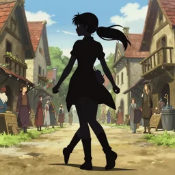 anime still frame portrait of a young female walking through a busy medieval village, ilya kuvshinov, dynamic pose, dynamic perspective, detailed silhouette, cel shaded anime