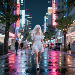 white haired girl walking in a vibrant flooded tokyo at night, neon lights lots of trees,, volumetric lighting, ambient lighting, cinematic, subtle, vibrant colors, photo,