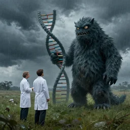 in a field, two scientists in lab coats encounter a monster shaped like the DNA double helix, stormy weather, by Rob Gonsalves, dark