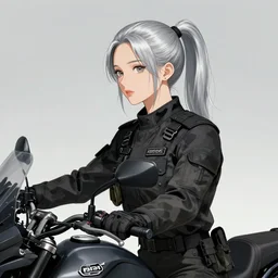 girl silver ponytail hair, multicam uniform, f850gs, illustration by Yoji Shinkawa and Krenz Cushart, cinematic portrait