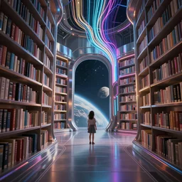 a futuristic library on a distant planet, sleek, polished metal, fibre optic cables with neon colours, dramatic, tiny girl looking on, epic composition, epic lighting, trending on artstation, octane render, 8 k, hd,
