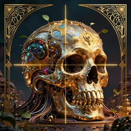 a skull temple made of wat rong khun temple!! by charlie bowater and art germ, rule of thirds, golden ratio, art nouveau! cyberpunk! style, mechanical accents!, mecha plate armor, glowing leds, flowing wires with leaves, art nouveau accents, art nouveau patterns and geometry, rich deep moody colors